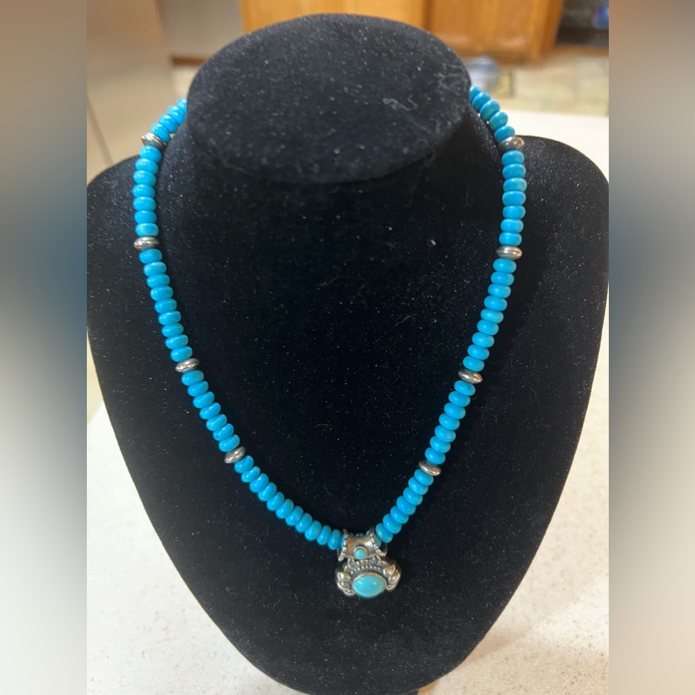 16” Turquoise & Silver Beaded Necklace.  Great condition.